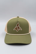 Macon Ridge Outdoors olive hat with brown and tan Duck Foot, front view.