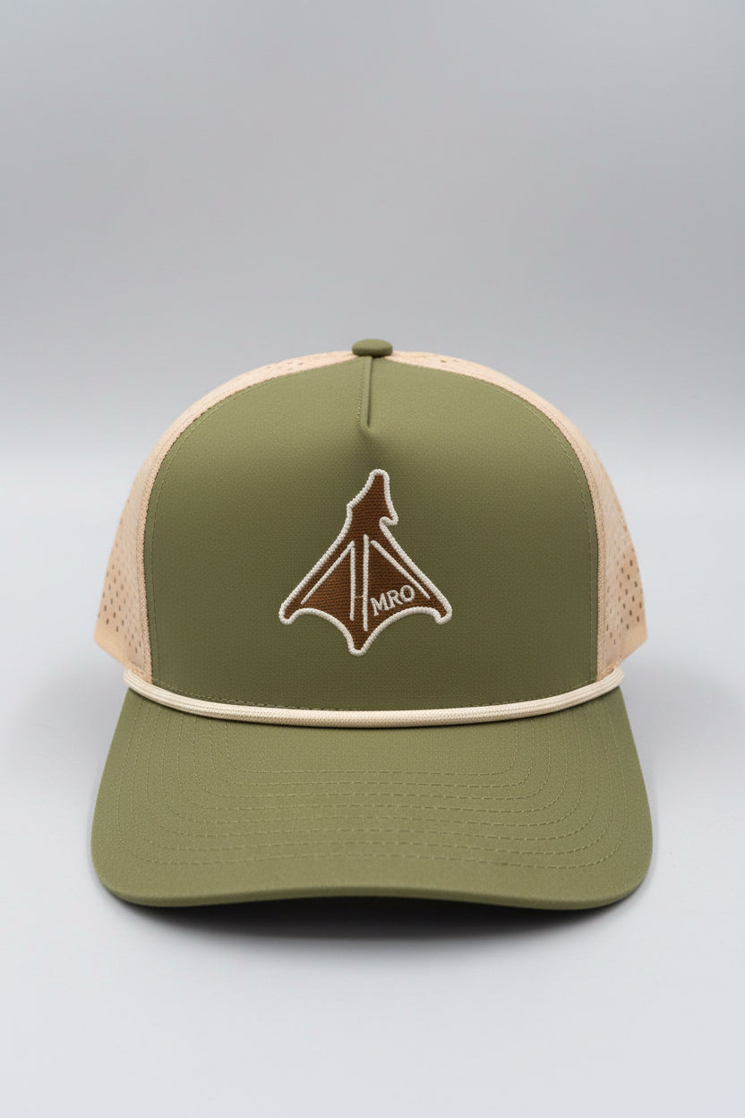 Macon Ridge Outdoors olive hat with brown and tan Duck Foot, front view.